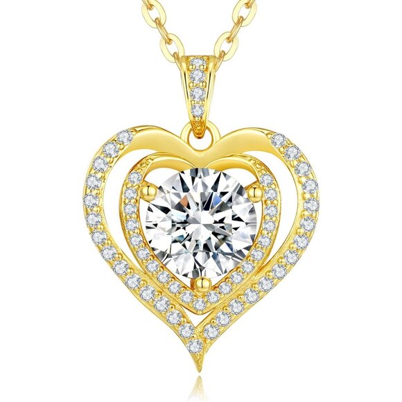 Sterling Silver 1.0 Carat Moissanite Heart Pendant Necklace for Women, Gold Plat - Picture 1 of 6